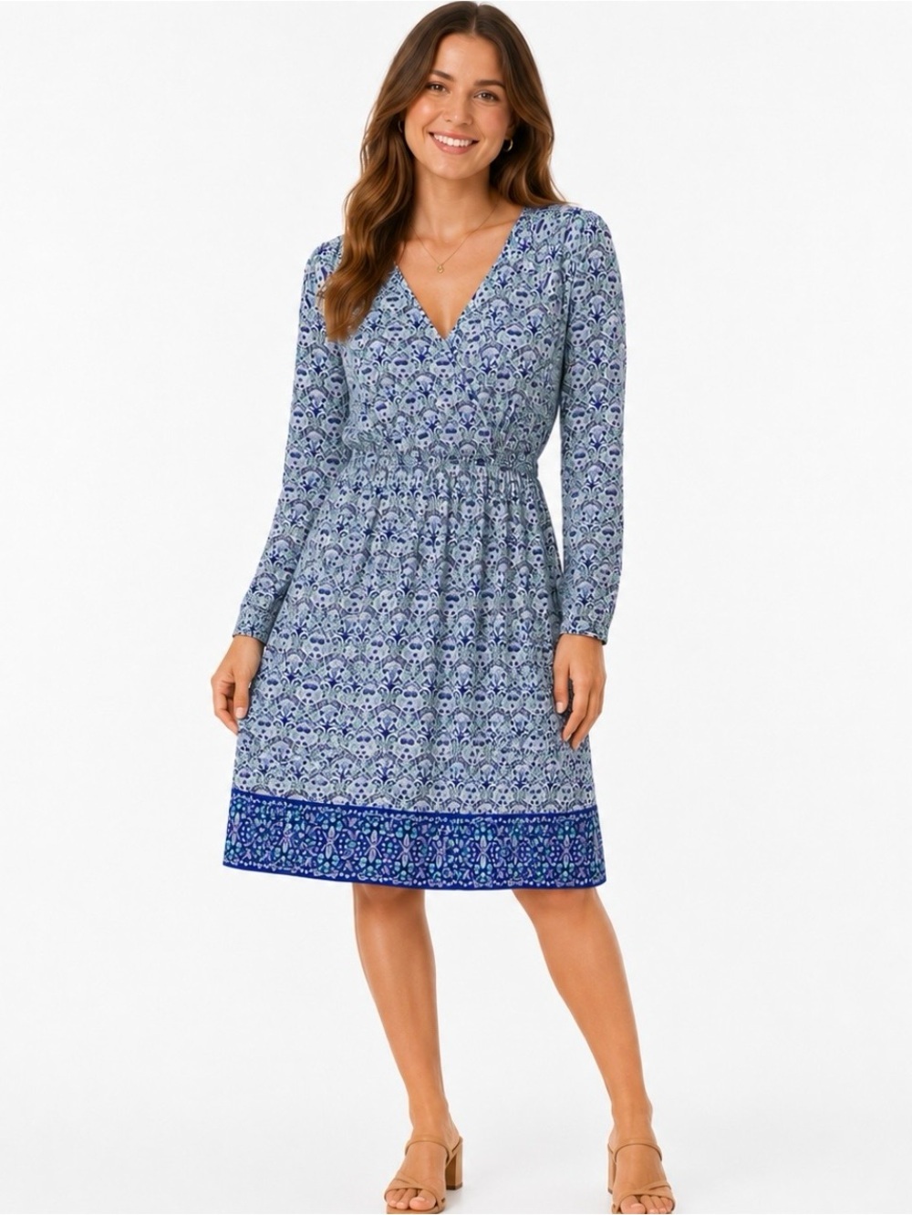 COOLIBAR | Floral V-Neck Faux Wrap Smocked Waist Blue White Dress Medium